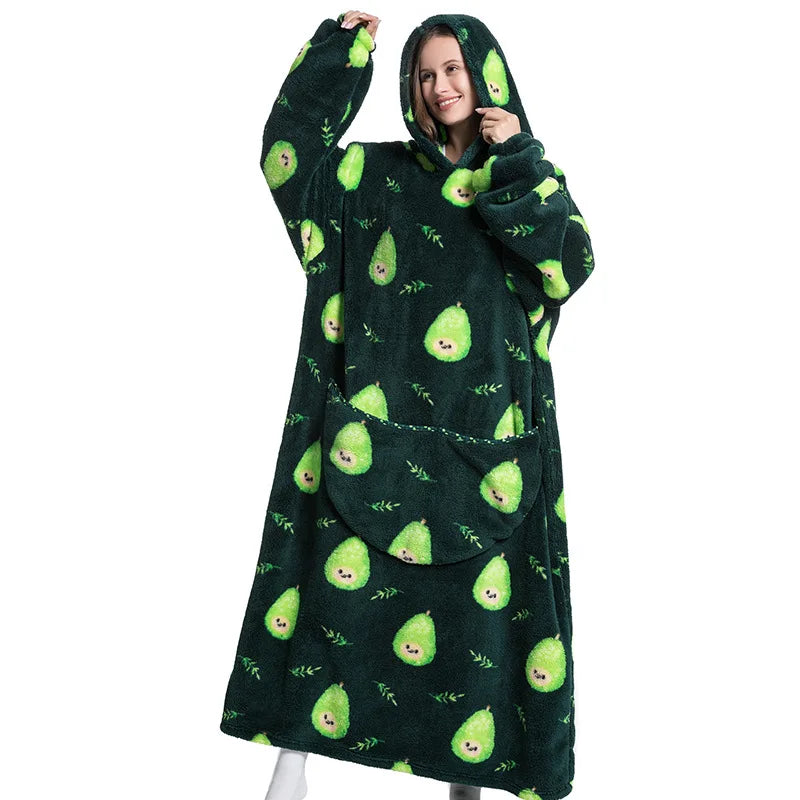 Super Long Wearable Blanket Hoodie Flannel Women Mens Oversized Hoodie Giant Blanket Sweatshirt Winter Thicken Pullover Fleece