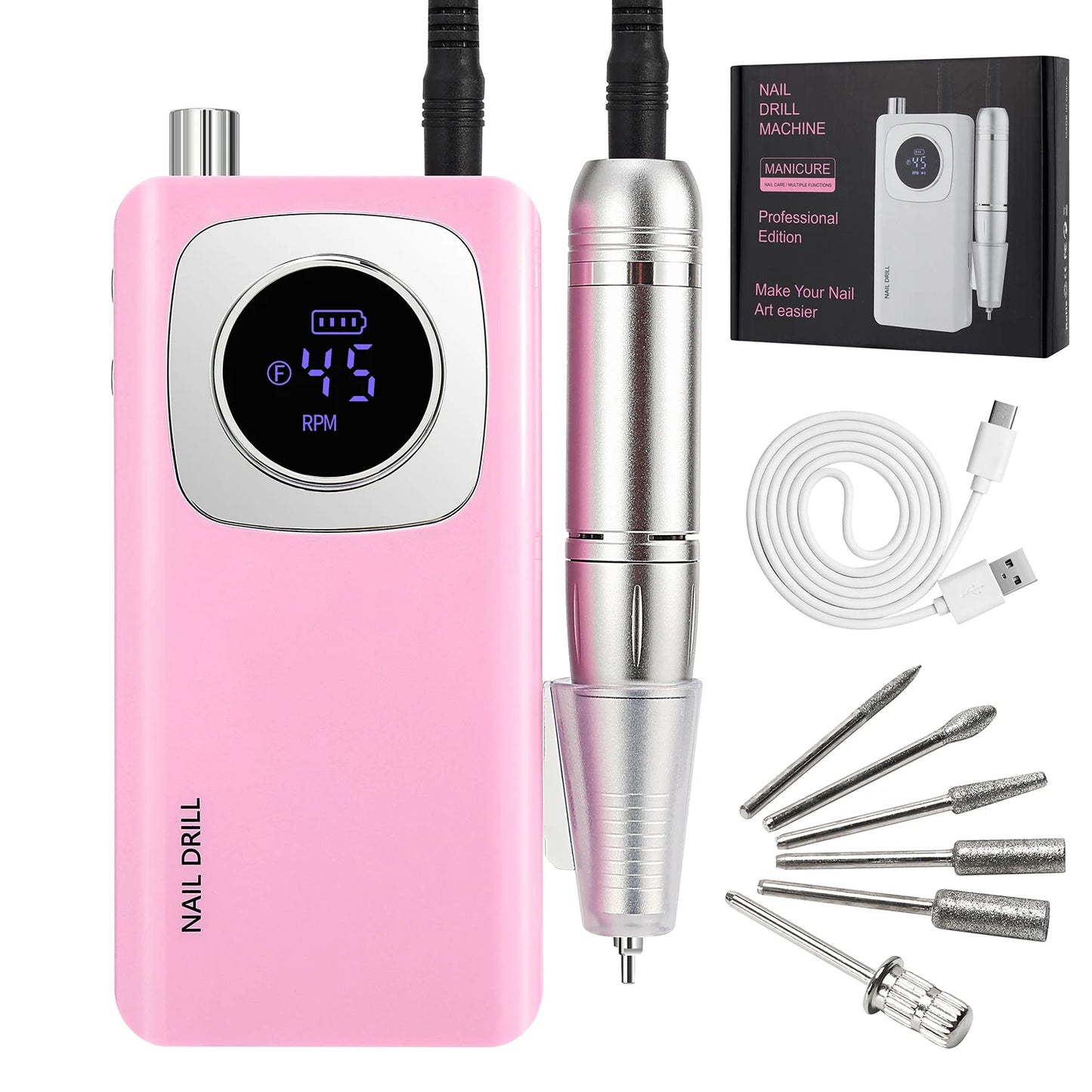 Ponceuse à ongles électrique professionnelle rechargeable 45 000 tr/min, lime à ongles portable sans fil pour enlever les ongles en gel acrylique
