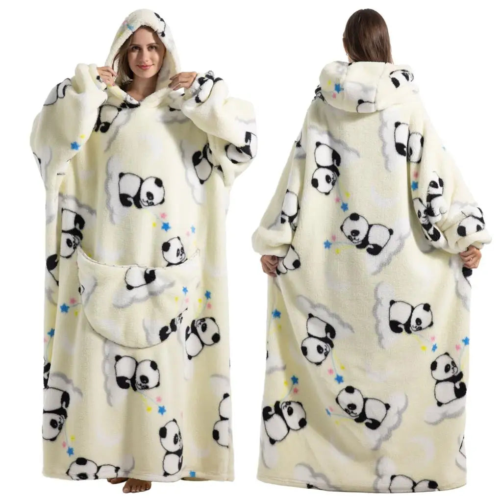 Super Long Wearable Blanket Hoodie Flannel Women Mens Oversized Hoodie Giant Blanket Sweatshirt Winter Thicken Pullover Fleece