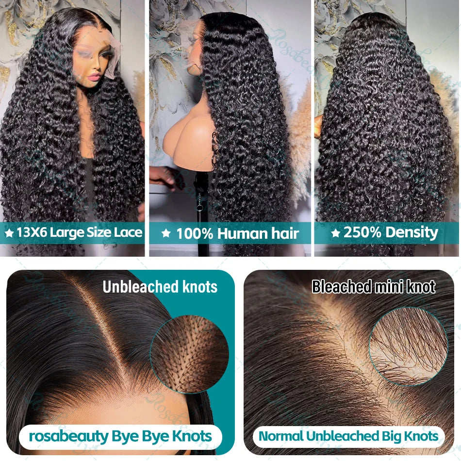 Perruques Rosabeauty 200 % cheveux humains crépus bouclés, 13x6 HD, dentelle frontale transparente, ondulations profondes, fermeture 5x5, pré-épilées, pour femmes