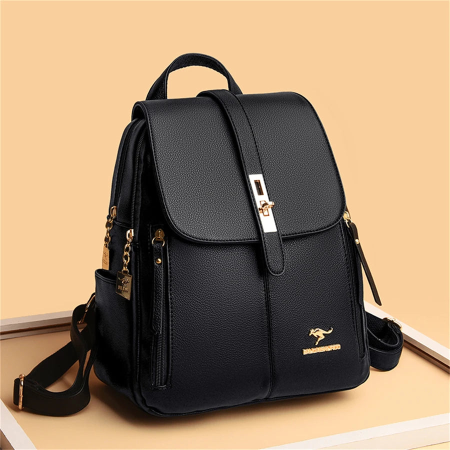 Luxury Women's Black Leather Backpack Casual Vintage Daypack with Zipper Closure Soft Shoulder Straps School Bag for Girls/ sac à Dos de luxe en cuire pour femme