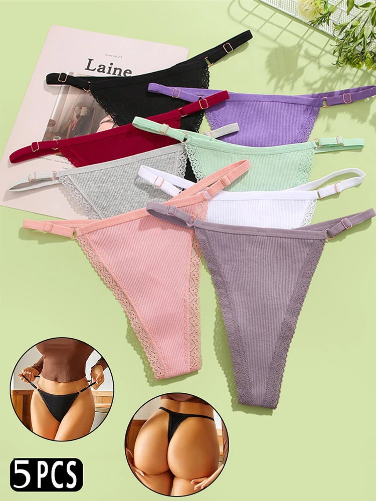 5PCS/Set Cotton Panties Sexy G-String Women's Underwear T-Back Lingerie Femme Underpants Briefs Adjustable Waist Thong Intimates