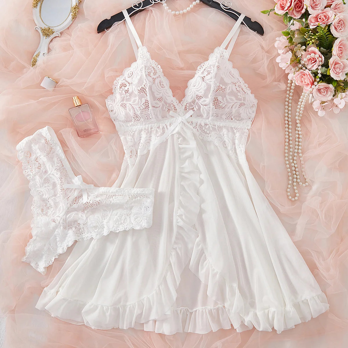 Sexy Lingerie Set Women Erotic Bra Nightdress Sexy Lace Sleepwear Solid Slim Soft Dresses V Neck Full Slip Sleepwear & Dresses/ Robe de nuit