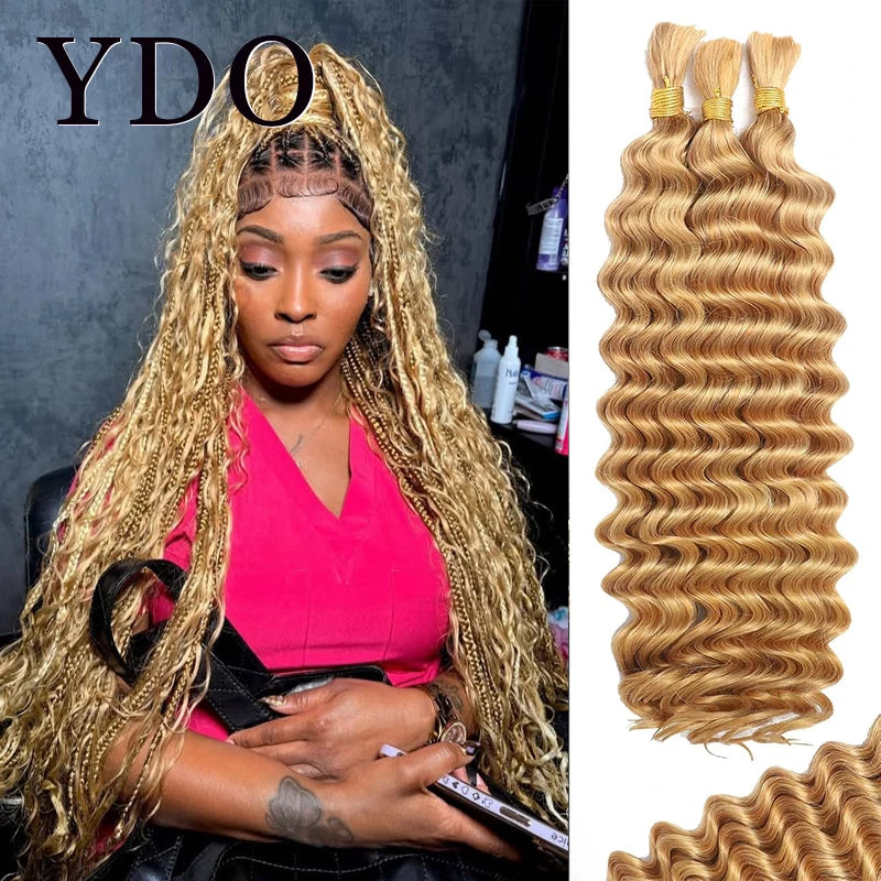---
Title / Titre
EN: Bulk Human Hair for Braiding – Honey Blonde 27#, Deep Wave, Curly, No Weft Extensions for Boho and Box Braids
FR: Cheveux humains en vrac pour tresses – Blond miel 27#, ondulation profonde, bouclés