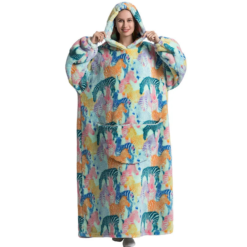 Super Long Wearable Blanket Hoodie Flannel Women Mens Oversized Hoodie Giant Blanket Sweatshirt Winter Thicken Pullover Fleece
