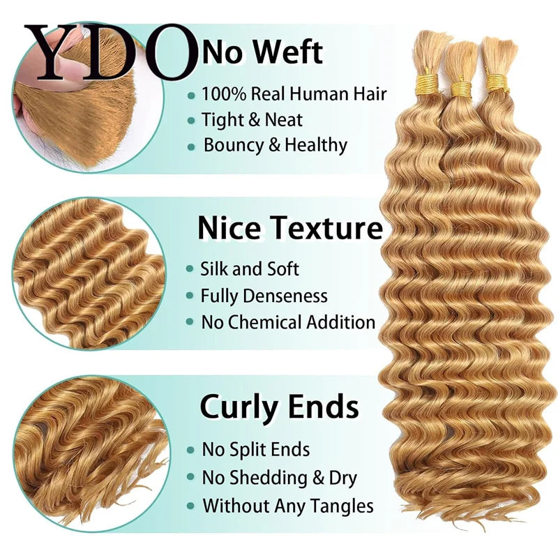 ---
Title / Titre
EN: Bulk Human Hair for Braiding – Honey Blonde 27#, Deep Wave, Curly, No Weft Extensions for Boho and Box Braids
FR: Cheveux humains en vrac pour tresses – Blond miel 27#, ondulation profonde, bouclés