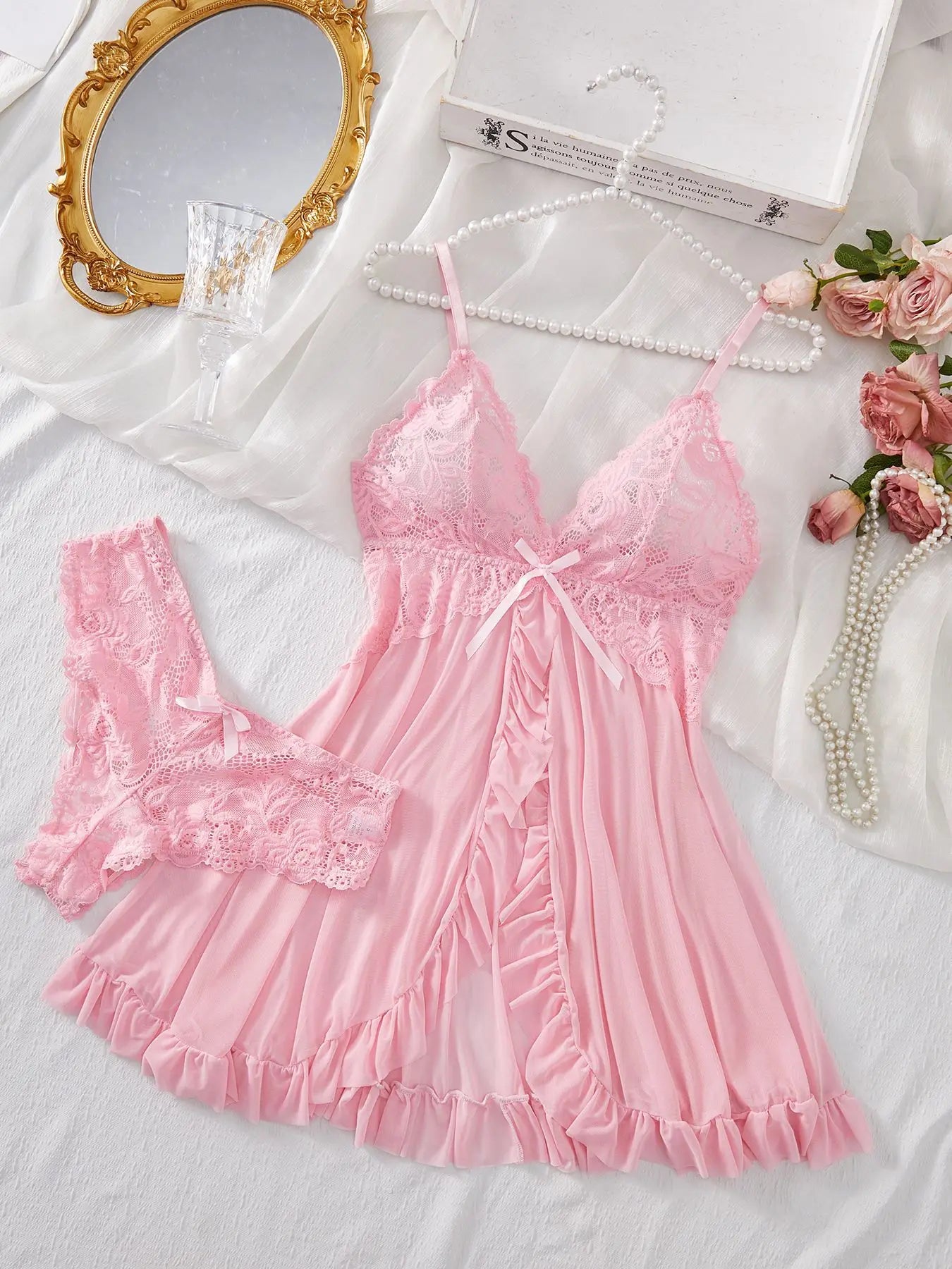 Sexy Lingerie Set Women Erotic Bra Nightdress Sexy Lace Sleepwear Solid Slim Soft Dresses V Neck Full Slip Sleepwear & Dresses/ Robe de nuit