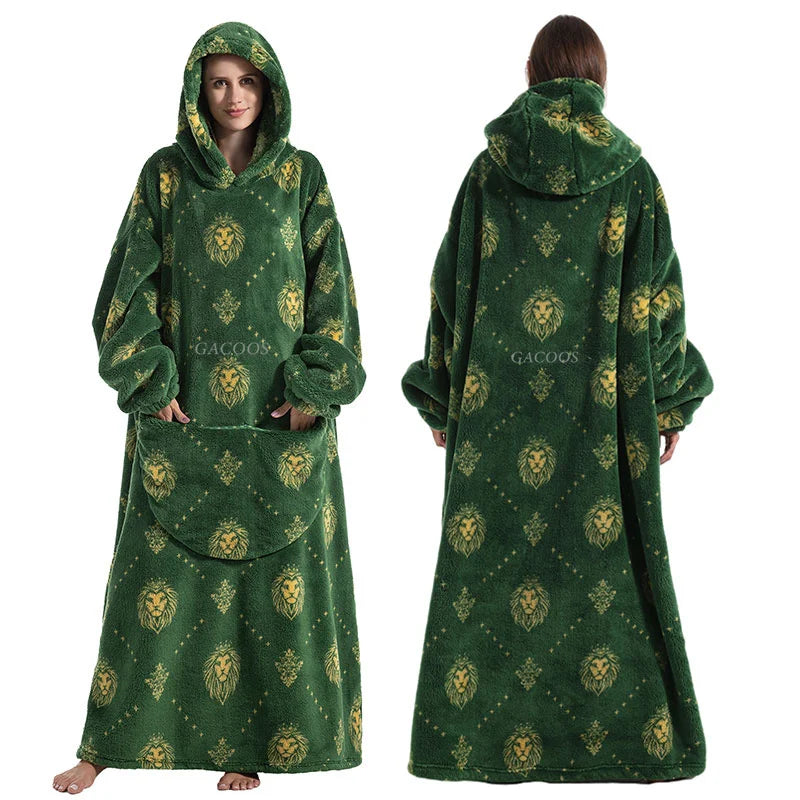 Super Long Wearable Blanket Hoodie Flannel Women Mens Oversized Hoodie Giant Blanket Sweatshirt Winter Thicken Pullover Fleece