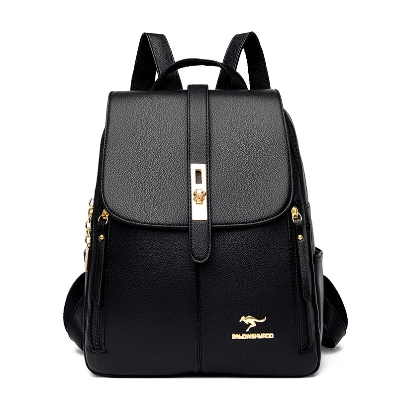Luxury Women's Black Leather Backpack Casual Vintage Daypack with Zipper Closure Soft Shoulder Straps School Bag for Girls/ sac à Dos de luxe en cuire pour femme