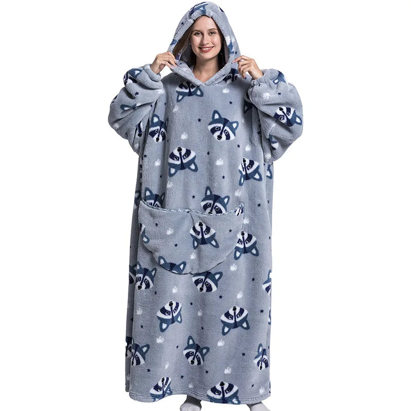 Super Long Wearable Blanket Hoodie Flannel Women Mens Oversized Hoodie Giant Blanket Sweatshirt Winter Thicken Pullover Fleece