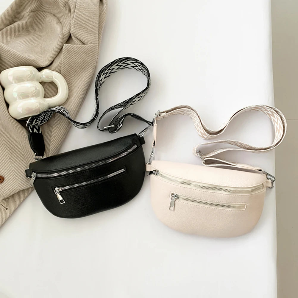 Women Stylish Crossbody Bag with Wide Strap Simple Shoulder Bag Multi-pocket Casual Bum Bag Travel Outdoor Bag
