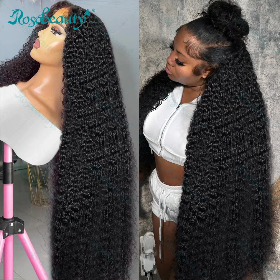 Perruques Rosabeauty 200 % cheveux humains crépus bouclés, 13x6 HD, dentelle frontale transparente, ondulations profondes, fermeture 5x5, pré-épilées, pour femmes