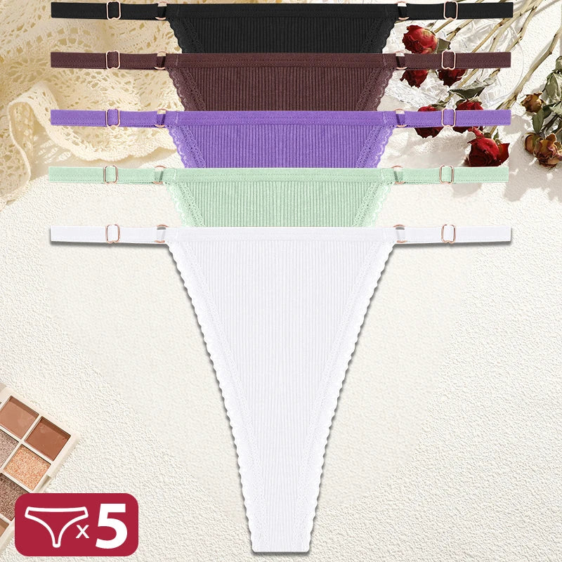 5PCS/Set Cotton Panties Sexy G-String Women's Underwear T-Back Lingerie Femme Underpants Briefs Adjustable Waist Thong Intimates