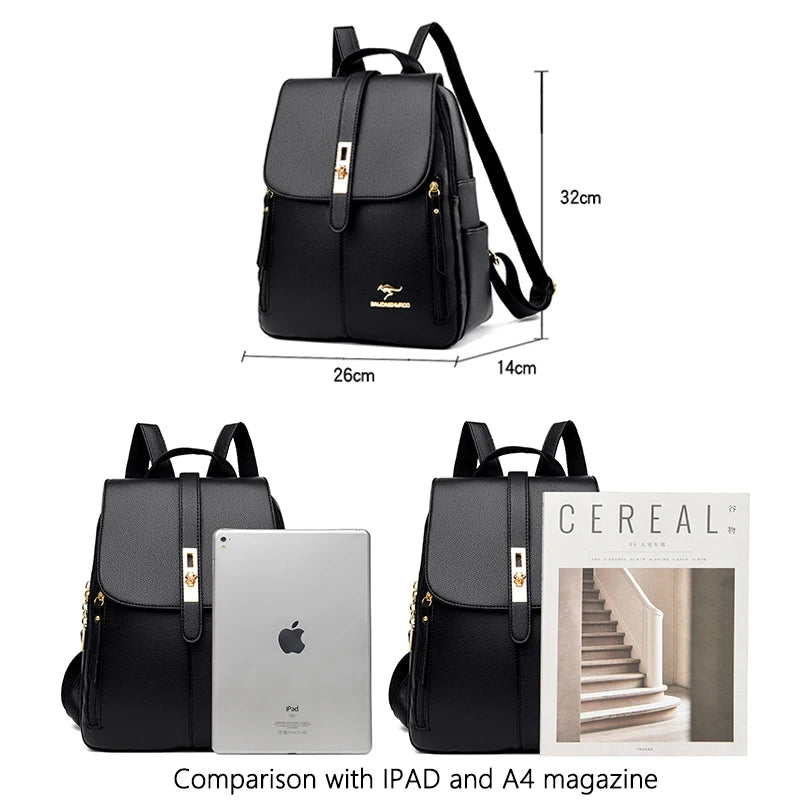 Luxury Women's Black Leather Backpack Casual Vintage Daypack with Zipper Closure Soft Shoulder Straps School Bag for Girls/ sac à Dos de luxe en cuire pour femme