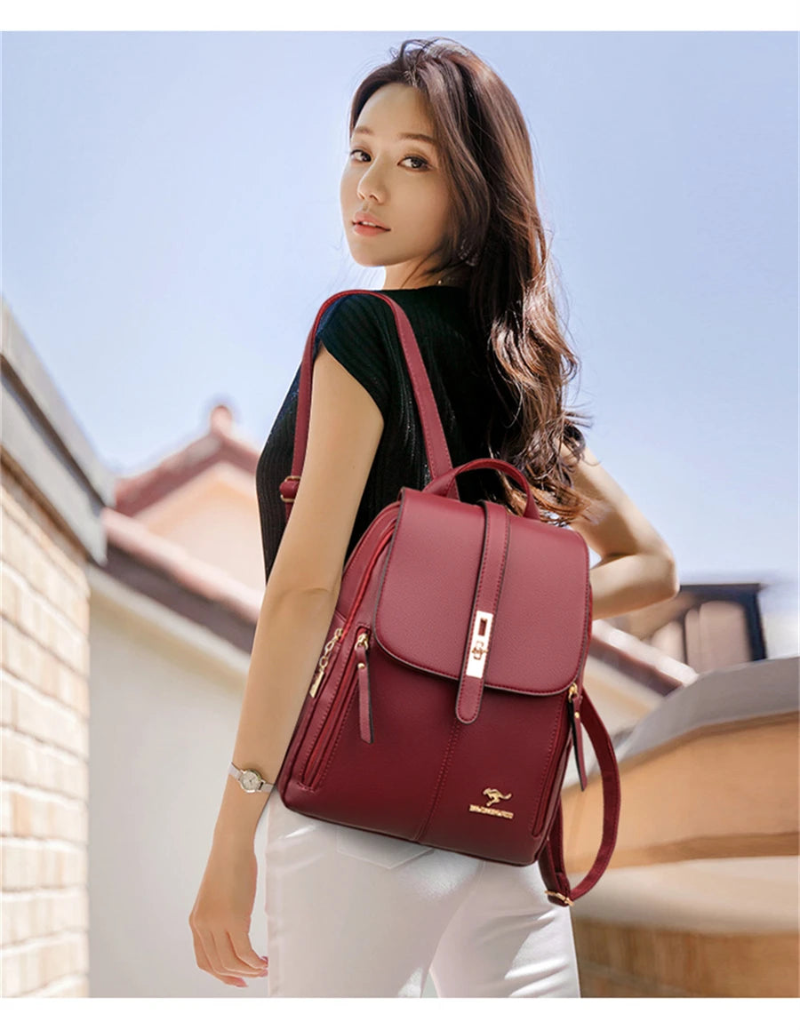 Luxury Women's Black Leather Backpack Casual Vintage Daypack with Zipper Closure Soft Shoulder Straps School Bag for Girls/ sac à Dos de luxe en cuire pour femme