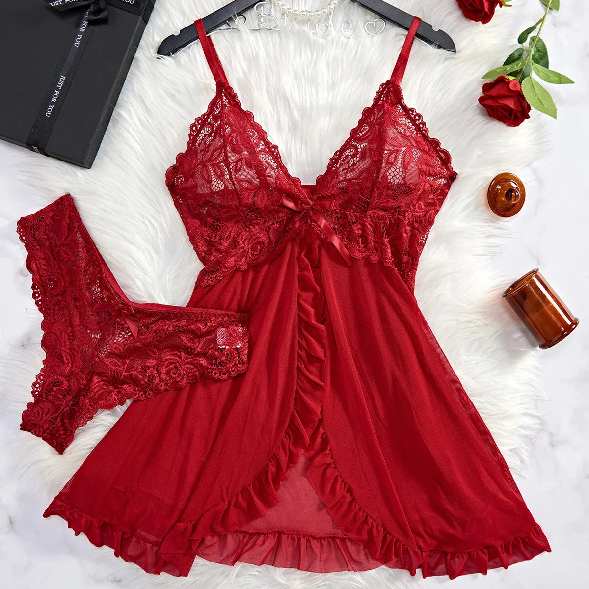 Tulle Suspenders Exquisite Women's Lencerias Lace V-Neck Underwear Semi-transparent Thong Dress Set Lingerie Nightgowns