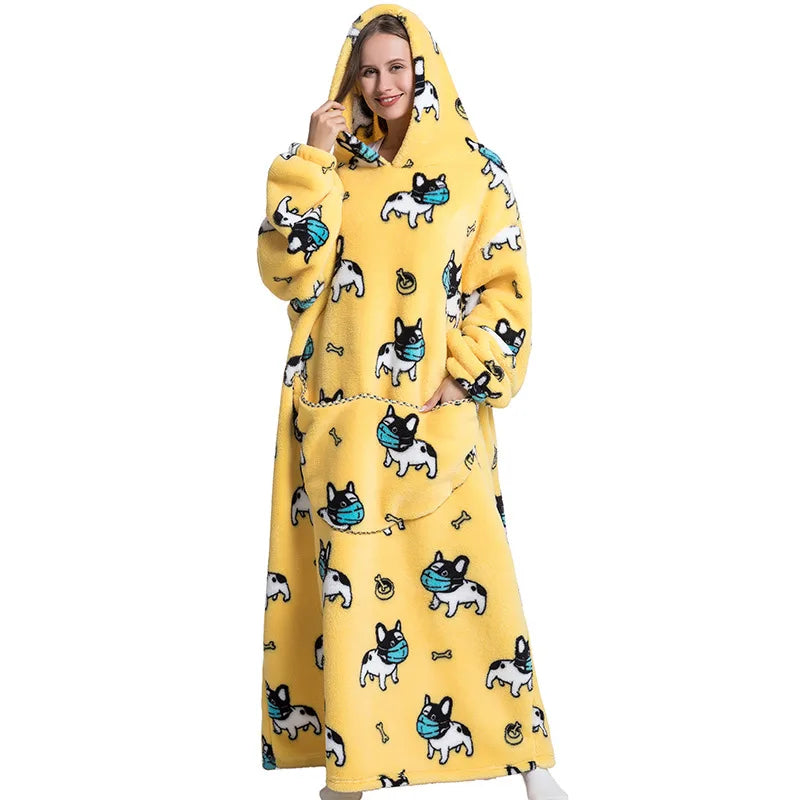 Super Long Wearable Blanket Hoodie Flannel Women Mens Oversized Hoodie Giant Blanket Sweatshirt Winter Thicken Pullover Fleece
