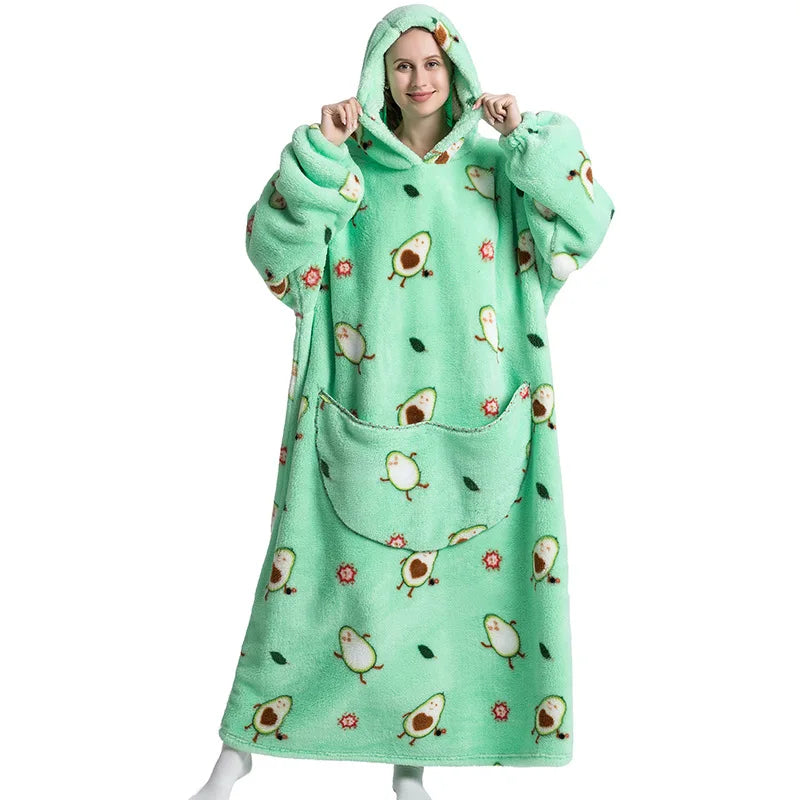 Super Long Wearable Blanket Hoodie Flannel Women Mens Oversized Hoodie Giant Blanket Sweatshirt Winter Thicken Pullover Fleece