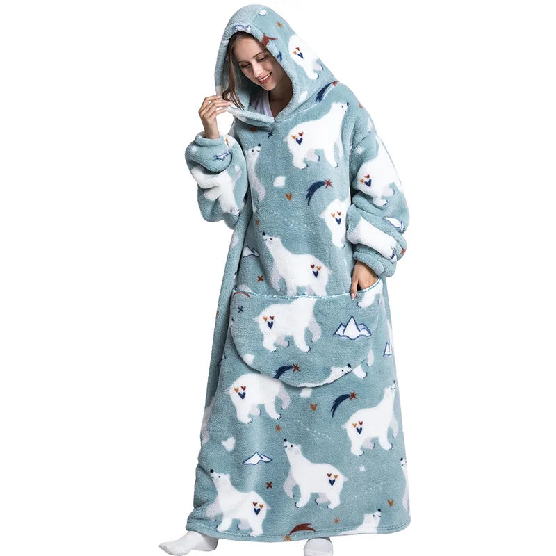 Super Long Wearable Blanket Hoodie Flannel Women Mens Oversized Hoodie Giant Blanket Sweatshirt Winter Thicken Pullover Fleece