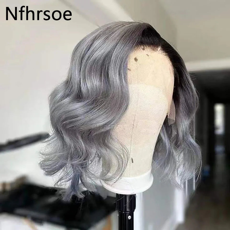 Human Hair Wigs For Women Ombre Colored Brazilian Wavy Transparent Lace Front Wig Pre Plucked 1B/Grey Short Bob Lace Frontal Wig