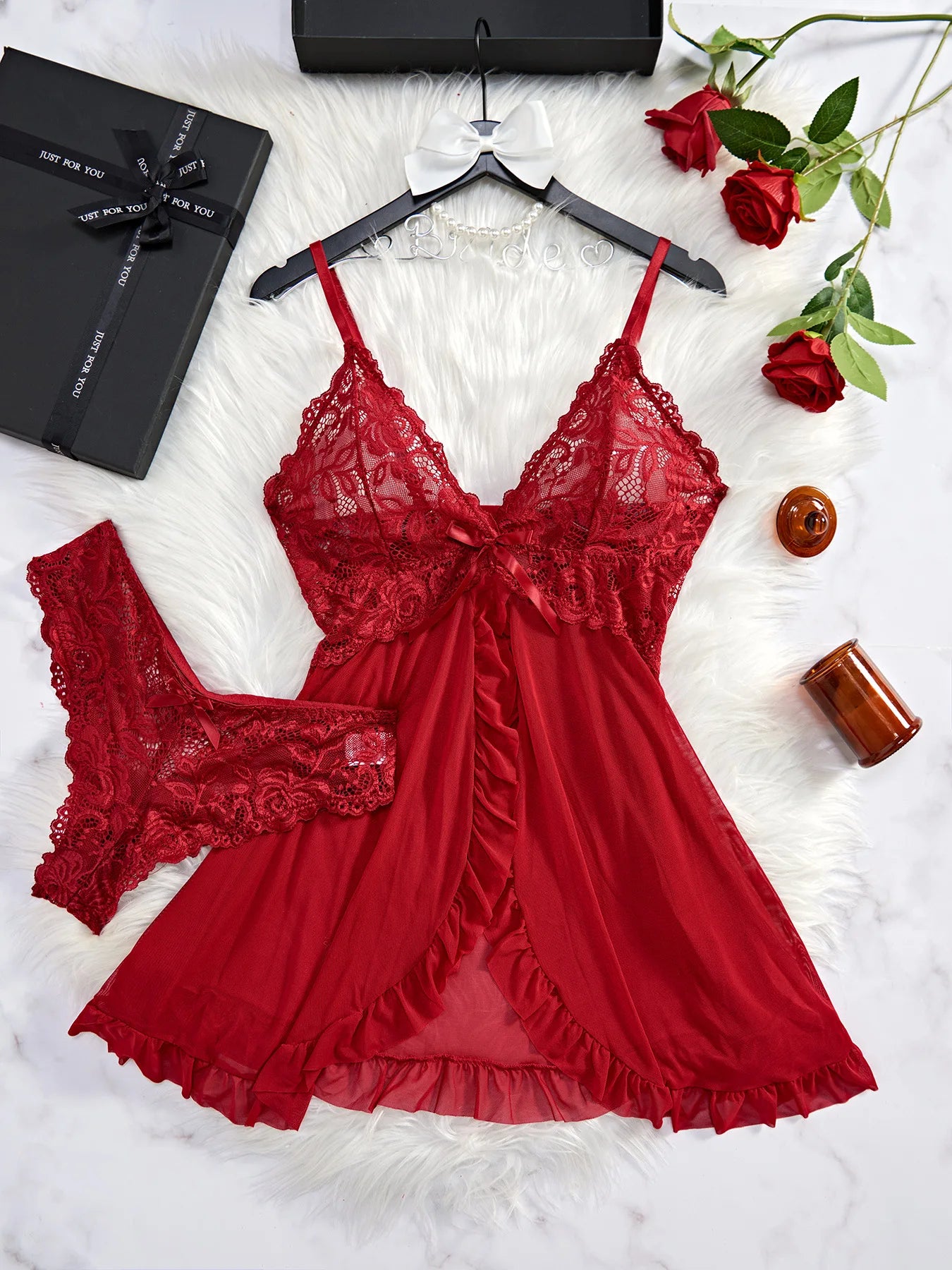 Sexy Lingerie Set Women Erotic Bra Nightdress Sexy Lace Sleepwear Solid Slim Soft Dresses V Neck Full Slip Sleepwear & Dresses/ Robe de nuit