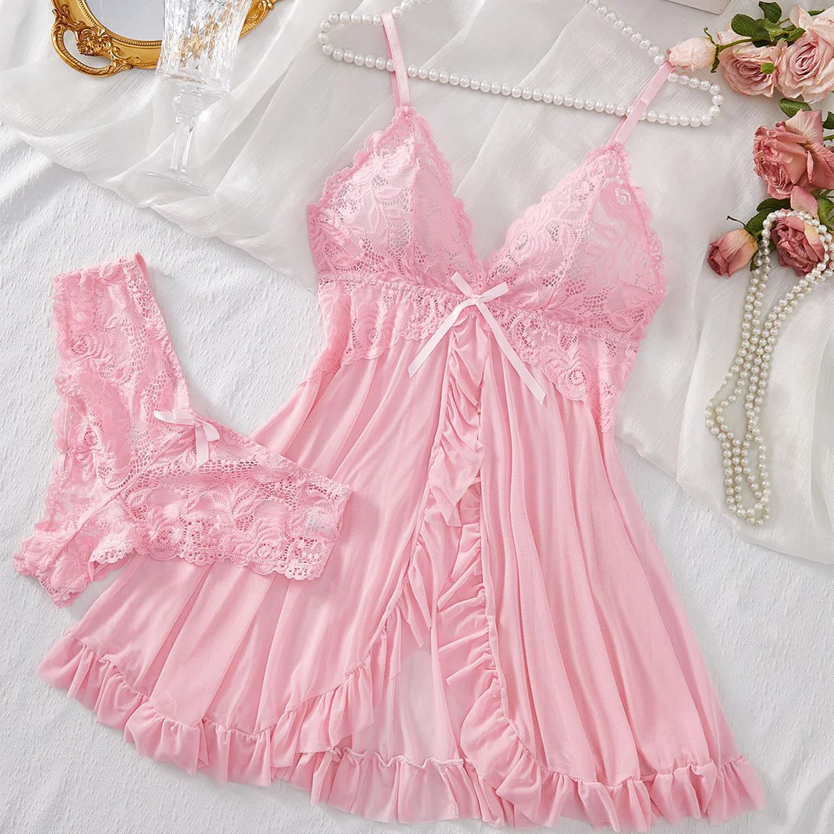 Sexy Lingerie Set Women Erotic Bra Nightdress Sexy Lace Sleepwear Solid Slim Soft Dresses V Neck Full Slip Sleepwear & Dresses/ Robe de nuit