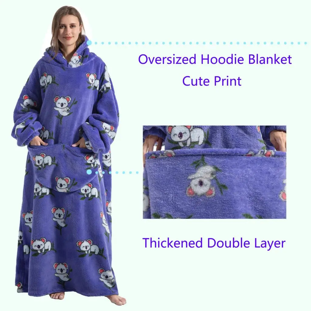 Super Long Wearable Blanket Hoodie Flannel Women Mens Oversized Hoodie Giant Blanket Sweatshirt Winter Thicken Pullover Fleece