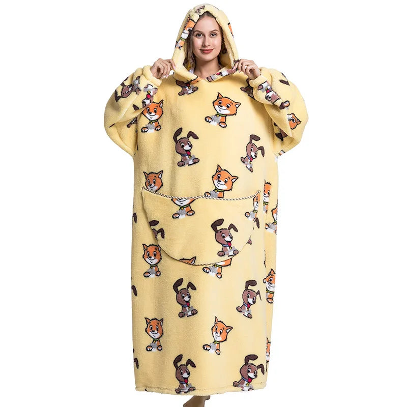 Super Long Wearable Blanket Hoodie Flannel Women Mens Oversized Hoodie Giant Blanket Sweatshirt Winter Thicken Pullover Fleece