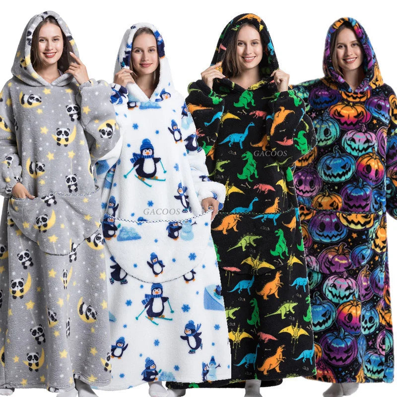 Super Long Wearable Blanket Hoodie Flannel Women Mens Oversized Hoodie Giant Blanket Sweatshirt Winter Thicken Pullover Fleece