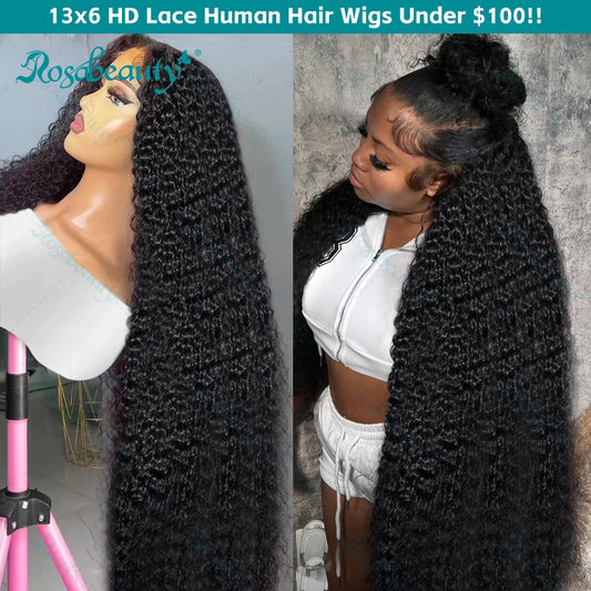 Perruques Rosabeauty 200 % cheveux humains crépus bouclés, 13x6 HD, dentelle frontale transparente, ondulations profondes, fermeture 5x5, pré-épilées, pour femmes