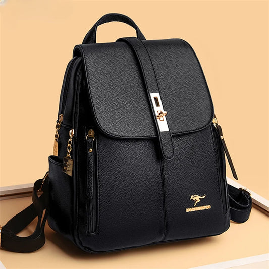 Luxury Women's Black Leather Backpack Casual Vintage Daypack with Zipper Closure Soft Shoulder Straps School Bag for Girls/ sac à Dos de luxe en cuire pour femme