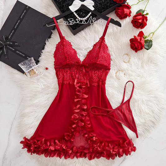 Women Sexy Nightwear Night Dress Women Hollow-out Sexy Nightwear Plus Lace Nightgown Sleepwear Dress G-String Sexy Lingerie Robe