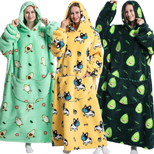 Super Long Wearable Blanket Hoodie Flannel Women Mens Oversized Hoodie Giant Blanket Sweatshirt Winter Thicken Pullover Fleece
