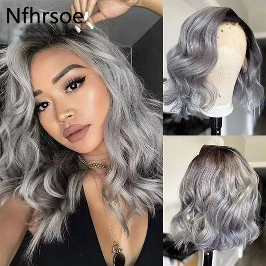 Human Hair Wigs For Women Ombre Colored Brazilian Wavy Transparent Lace Front Wig Pre Plucked 1B/Grey Short Bob Lace Frontal Wig