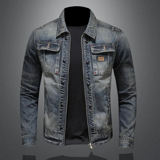 Veste en jean vintage avec fermeture éclair, coupe slim, style hip-hop classique, style universitaire, veste d'hiver pour homme