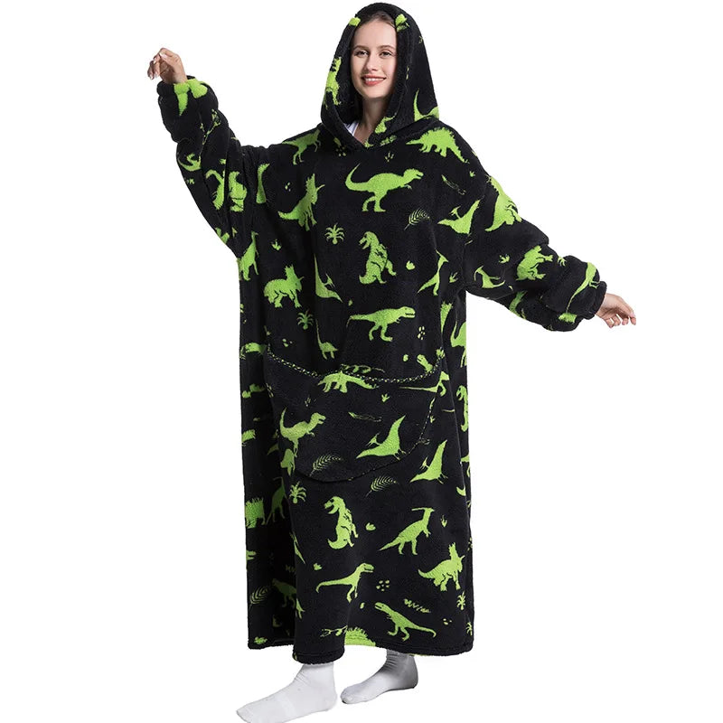 Super Long Wearable Blanket Hoodie Flannel Women Mens Oversized Hoodie Giant Blanket Sweatshirt Winter Thicken Pullover Fleece