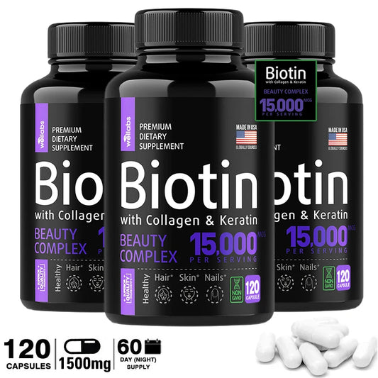 Complément alimentaire à la biotine, au collagène et à la kératine 15 000 mcg – Blanchiment des cheveux, de la peau et des ongles, adapté aux femmes et aux hommes